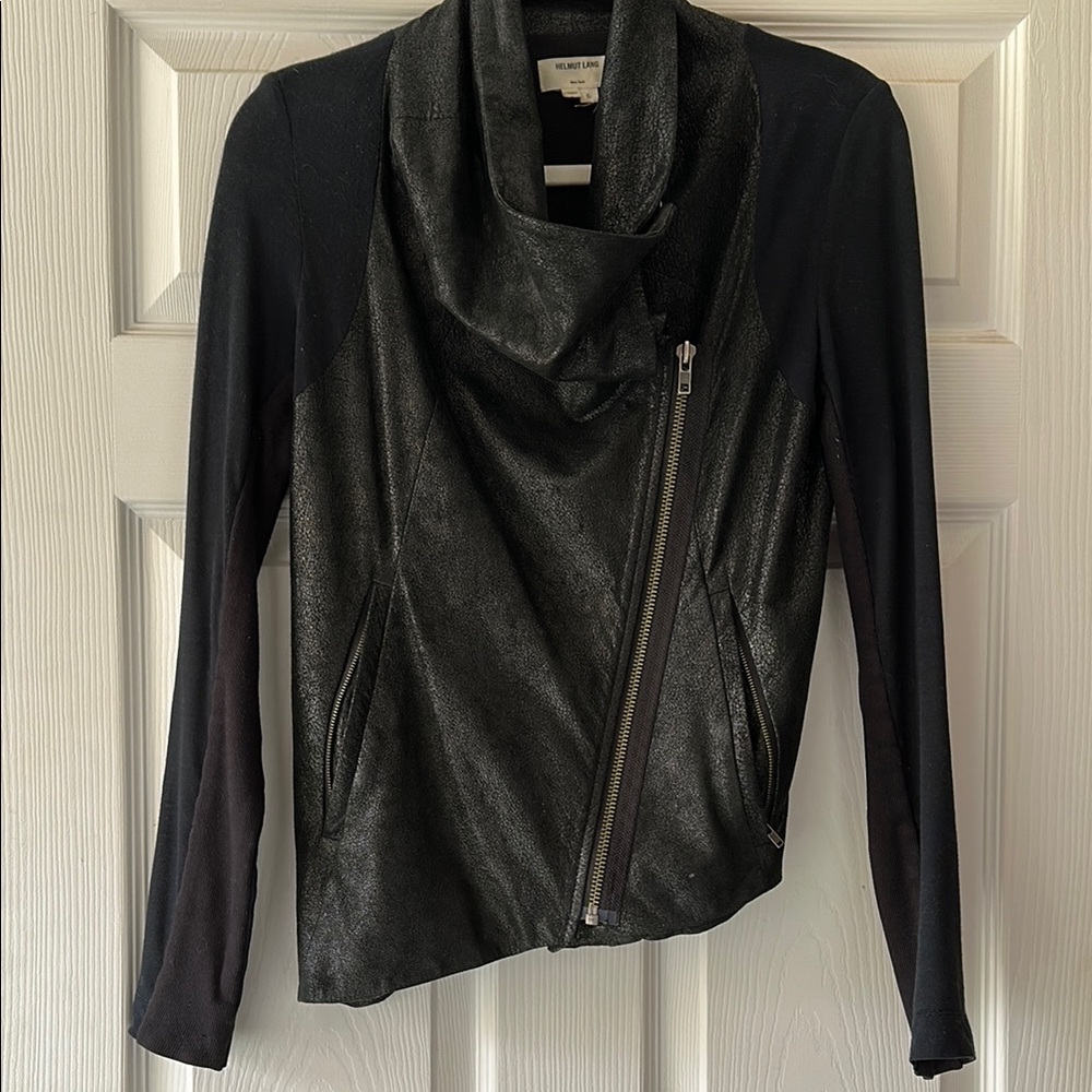 Helmet Lang Leather Combo Asymmetrical Drape Front Black Jacket S - Picture 3 of 15